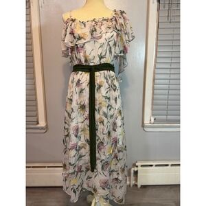 HopeShow Floral Chiffon Midi Dress Off Shoulder Ruffle Waist Tie Size XL